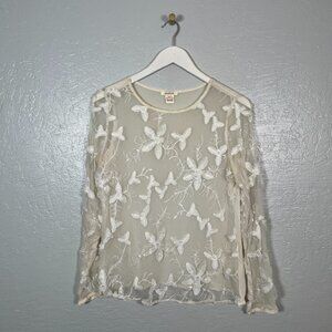 Sundance Women S Ivory Cream Silk Blouse Sheer Long Sleeve Floral Embroidery